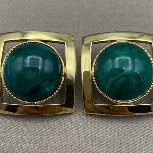 Vintage Avon 1980s Marbled Green Malachite and Gold Tone Statement Earrings